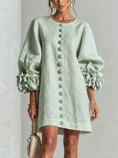 Mini Vestido Floral Blanco con Botones y Mangas Floreadas
