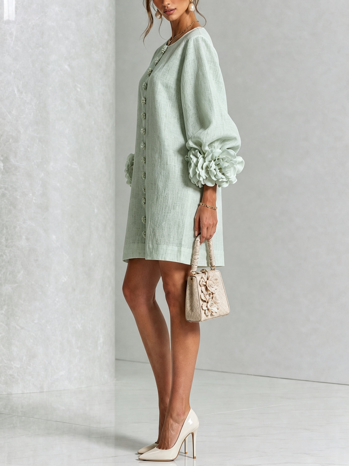 Mini Vestido Floral Blanco con Botones y Mangas Floreadas