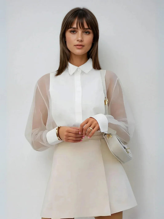 Top de Organza Transparente con Mangas Abullonadas