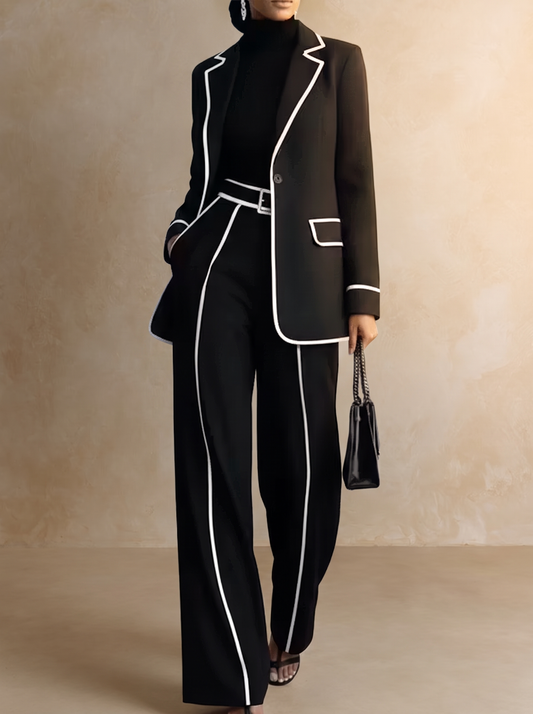 Clementina | Conjunto Negro de Blazer y Pantalón con Ribetes en Contraste