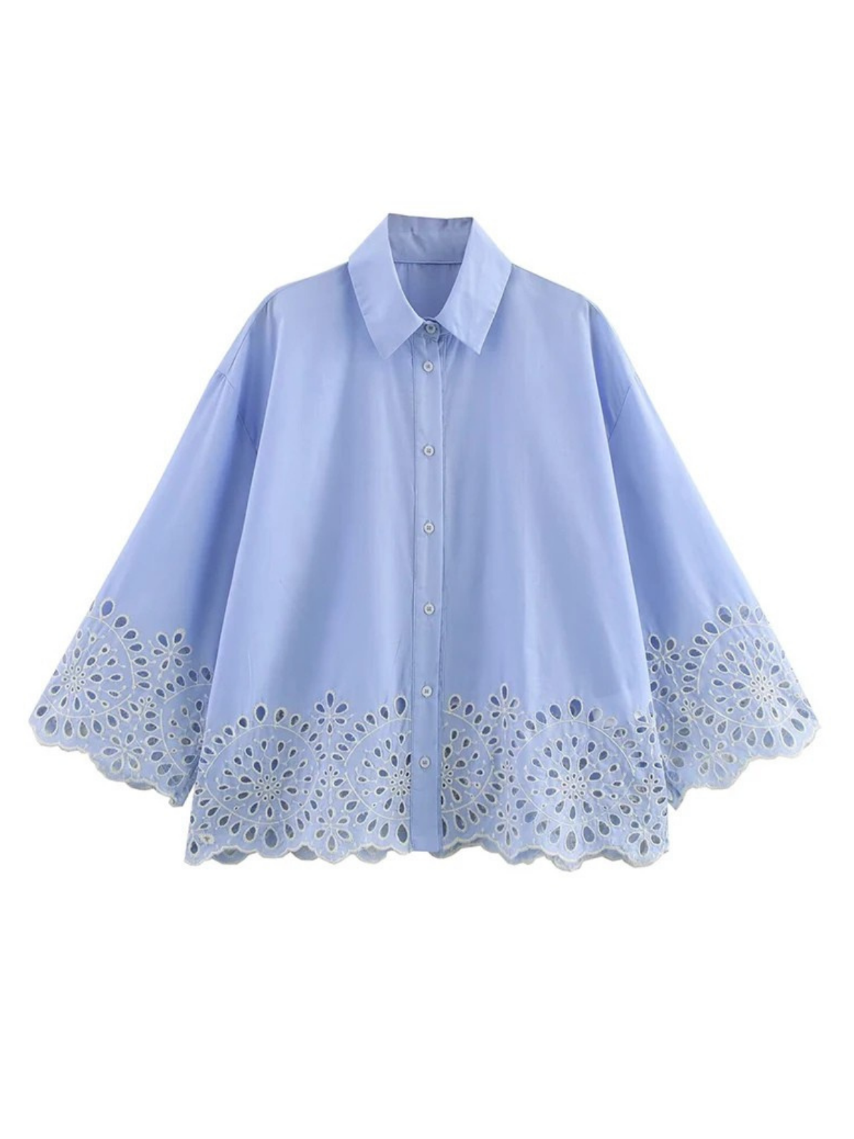 Embroidered Shirt with Cutwork and Lapel