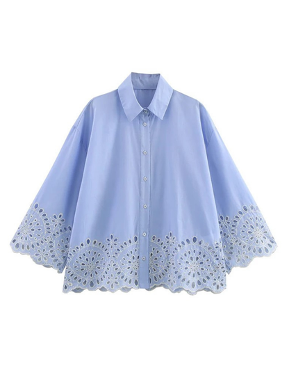 Embroidered Shirt with Cutwork and Lapel