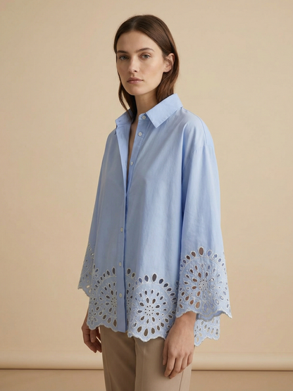 Embroidered Shirt with Cutwork and Lapel