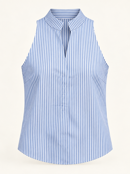 Blusa de Rayas sin Mangas con Cuello Mao