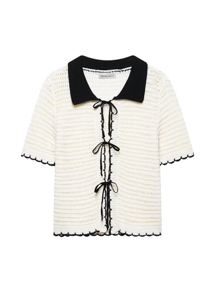 Jersey de Punto con Cuello de Solapa y Lazo