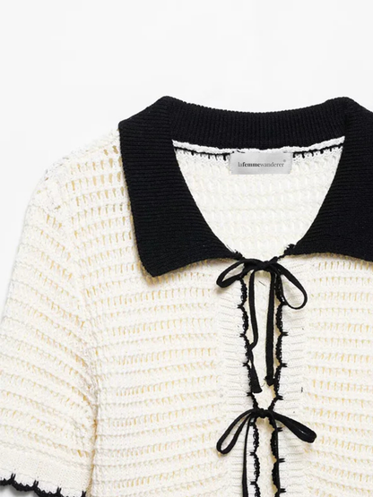 Jersey de Punto con Cuello de Solapa y Lazo
