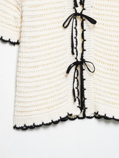 Jersey de Punto con Cuello de Solapa y Lazo