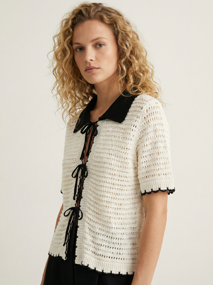 Jersey de Punto con Cuello de Solapa y Lazo