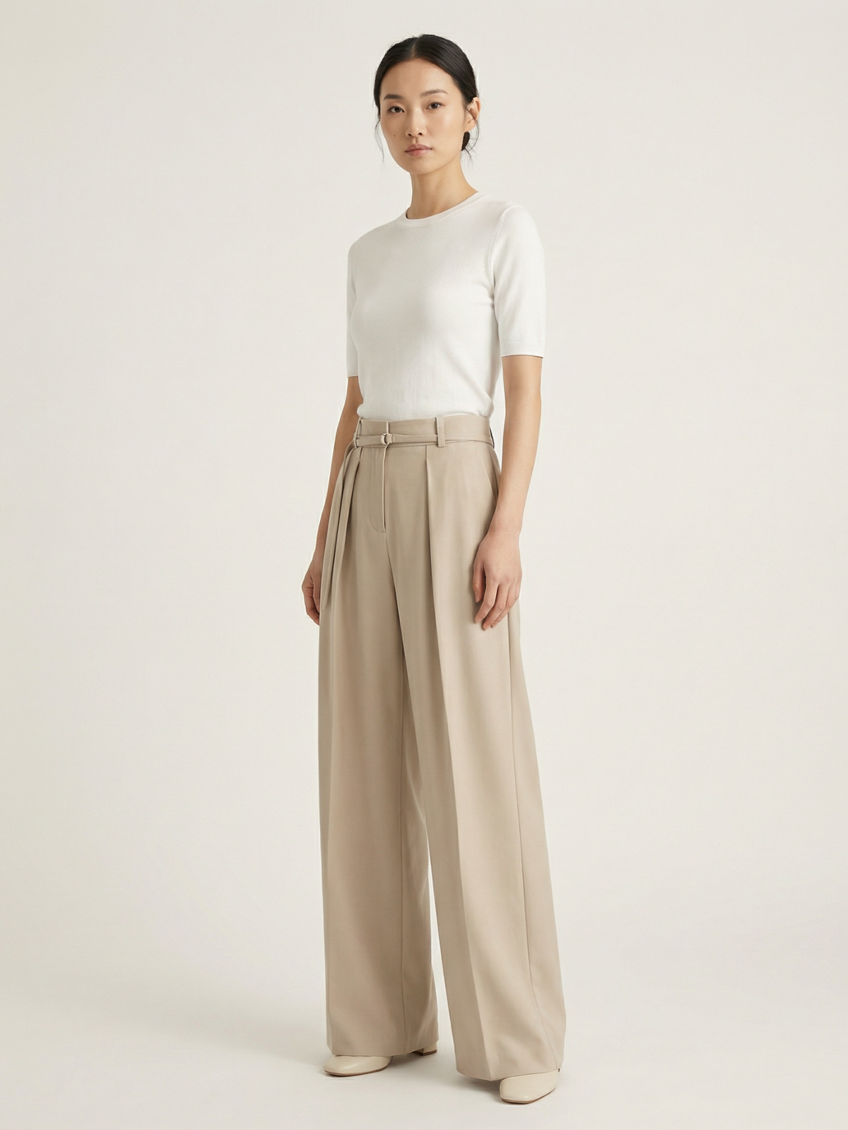 Wide-Leg Pleated Office Trousers with Belt