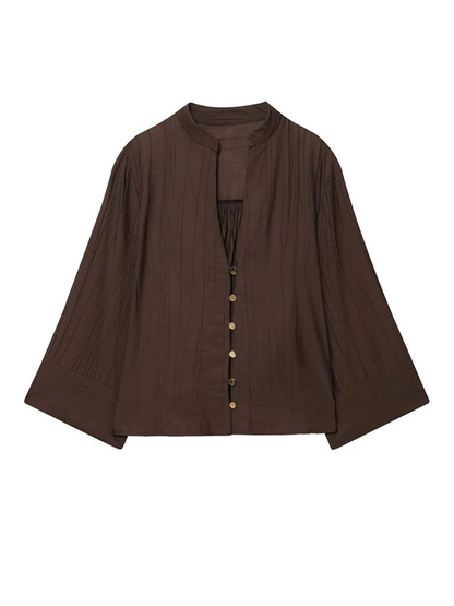 Blusa Abotonada con Cuello en V y Manga Ancha