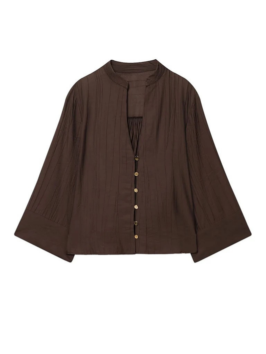 Blusa Abotonada con Cuello en V y Manga Ancha