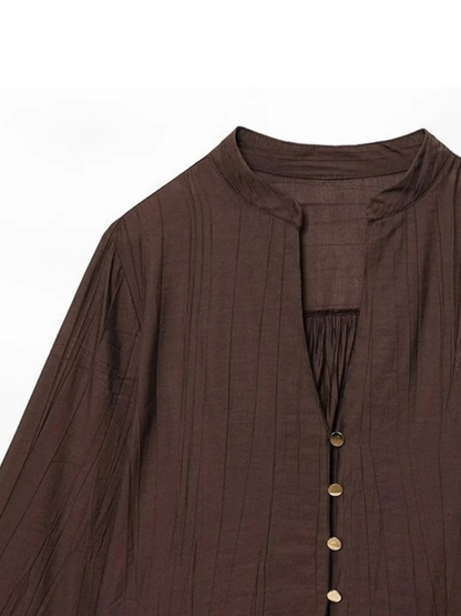 Blusa Abotonada con Cuello en V y Manga Ancha