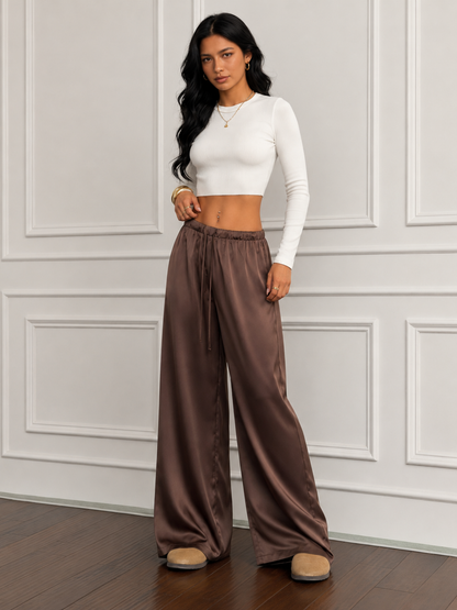 Pantalón Satinado de Pierna Ancha con Cordón