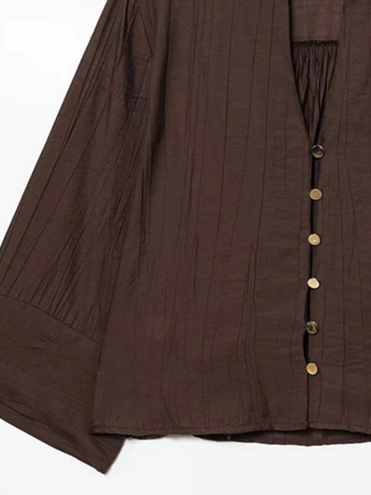 Blusa Abotonada con Cuello en V y Manga Ancha