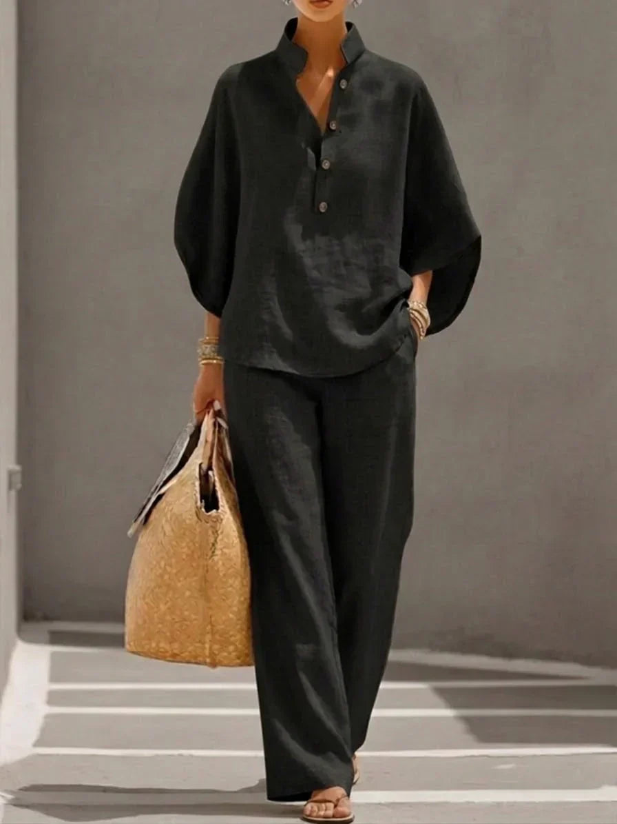MARIBEL | CONJUNTO DE LINO CON MANGAS MURCIÉLAGO Y PANTALÓN HOLGADO