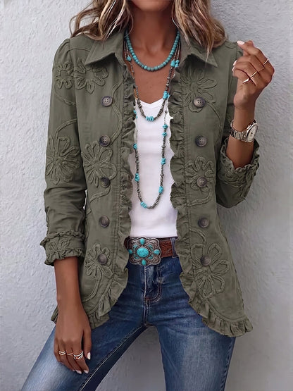Alejandrina | Chaqueta Boho-Chic Bordada con Flores Verde Retro y Acabados Fruncidos