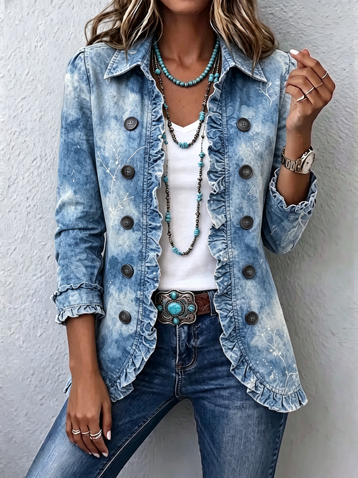 Vintage Blue Ombré Botanical Boho Ruffle Jacket