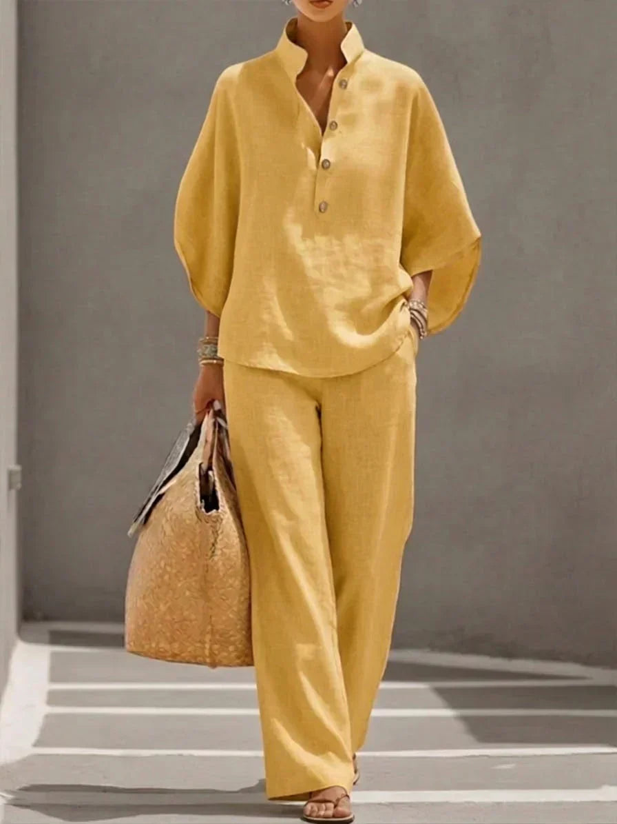 MARIBEL | CONJUNTO DE LINO CON MANGAS MURCIÉLAGO Y PANTALÓN HOLGADO