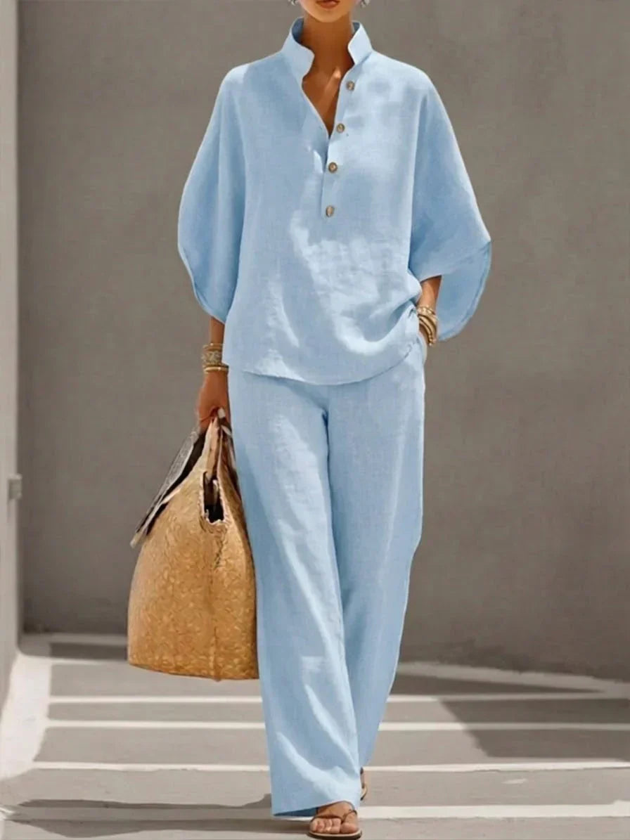 MARIBEL | CONJUNTO DE LINO CON MANGAS MURCIÉLAGO Y PANTALÓN HOLGADO