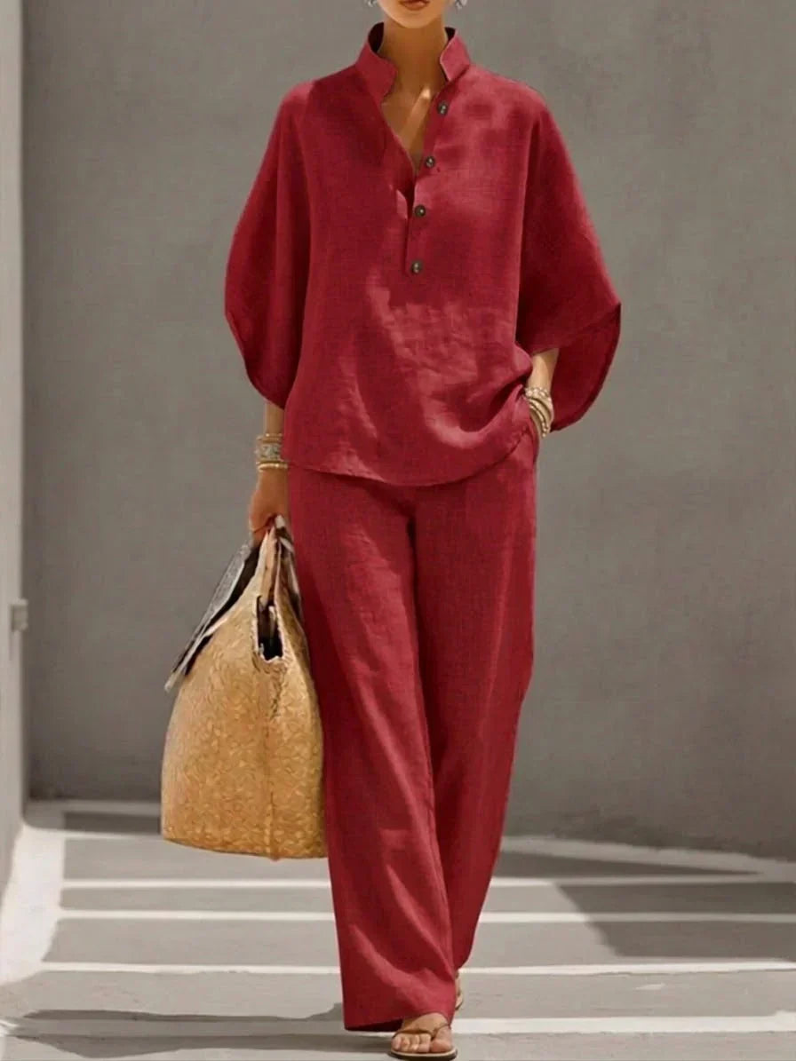 MARIBEL | CONJUNTO DE LINO CON MANGAS MURCIÉLAGO Y PANTALÓN HOLGADO
