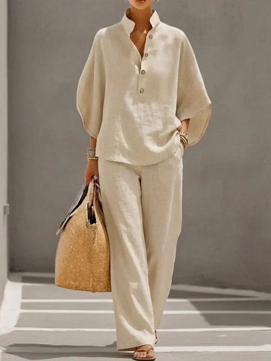 MARIBEL | CONJUNTO DE LINO CON MANGAS MURCIÉLAGO Y PANTALÓN HOLGADO
