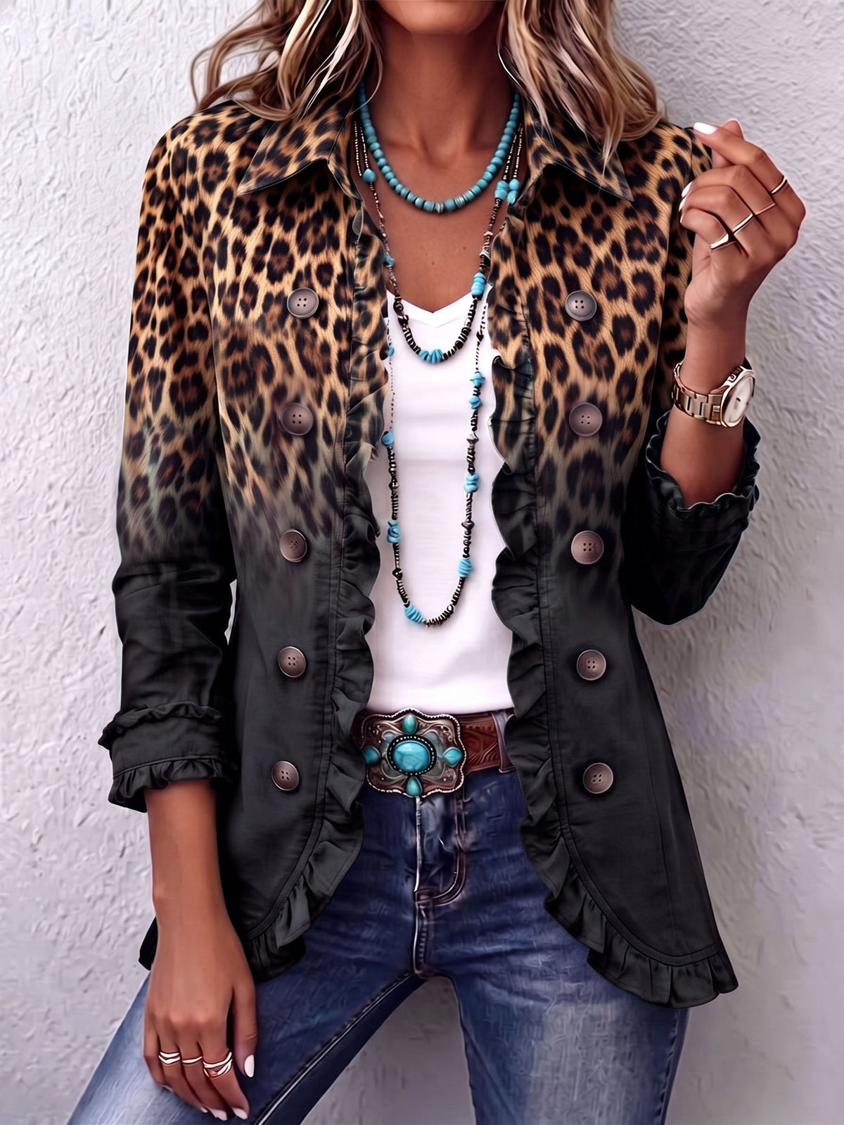 Blazer Leopardo Degradado Antracita con Volantes