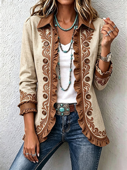 Vintage Camel and Brown Floral Boho Jacket with Ruffles