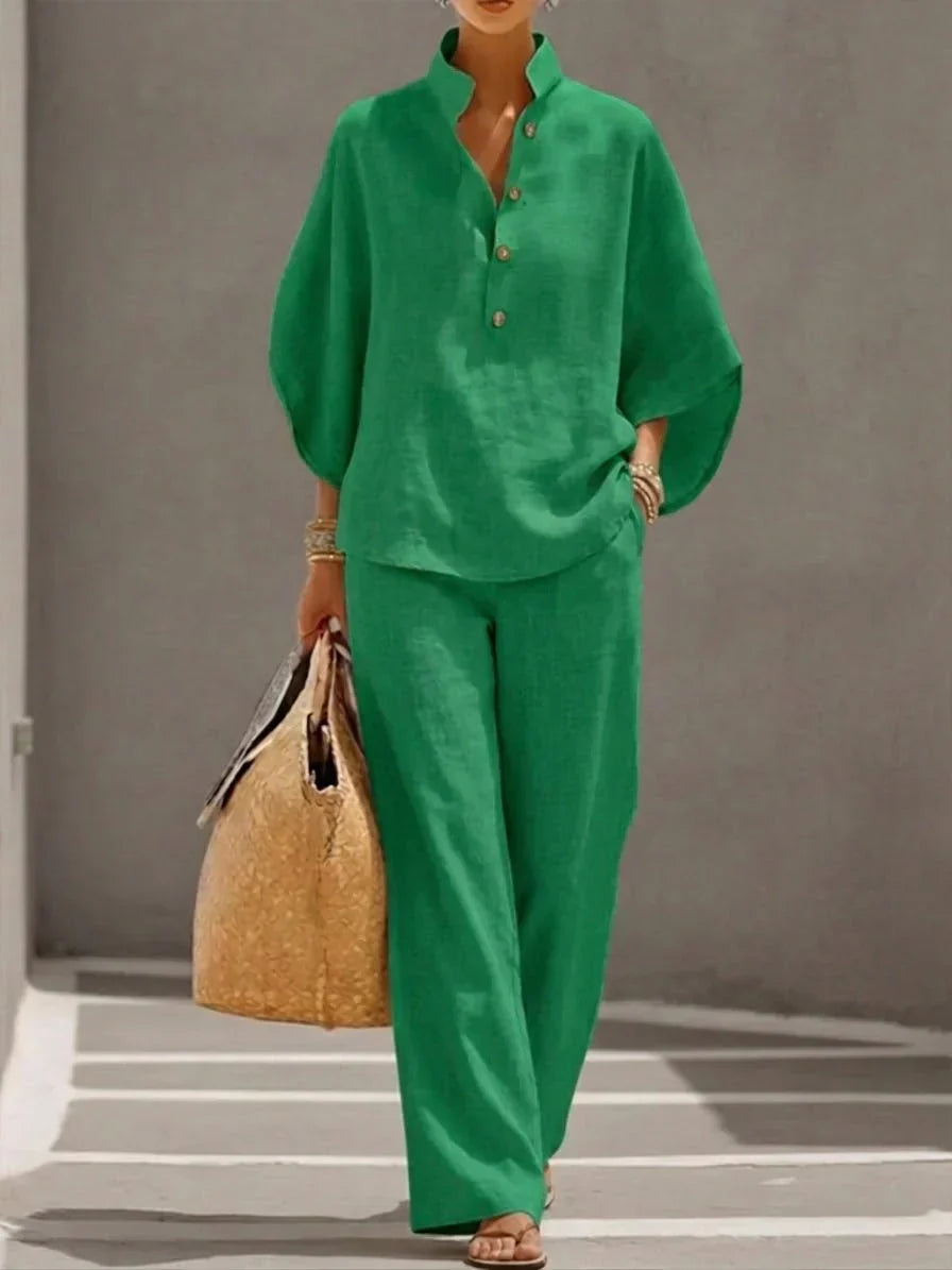 MARIBEL | CONJUNTO DE LINO CON MANGAS MURCIÉLAGO Y PANTALÓN HOLGADO