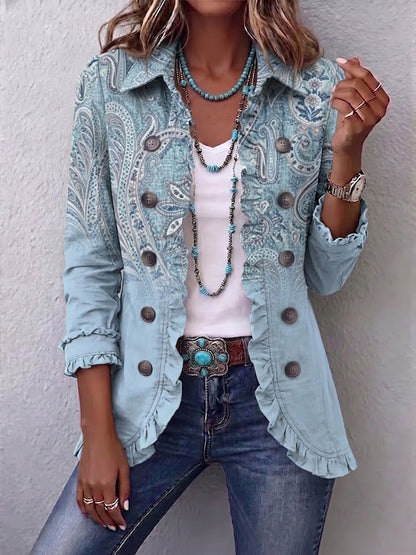Chaqueta Paisley Vintage Azul Cielo con Volantes