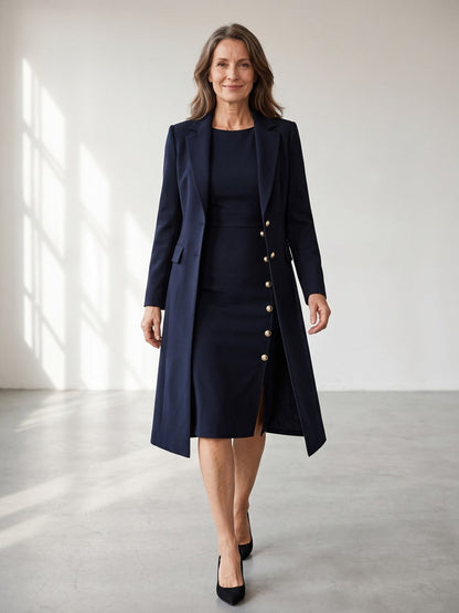 Santina | Conjunto de Blazer Largo y Vestido sin Mangas con Botones Dorados