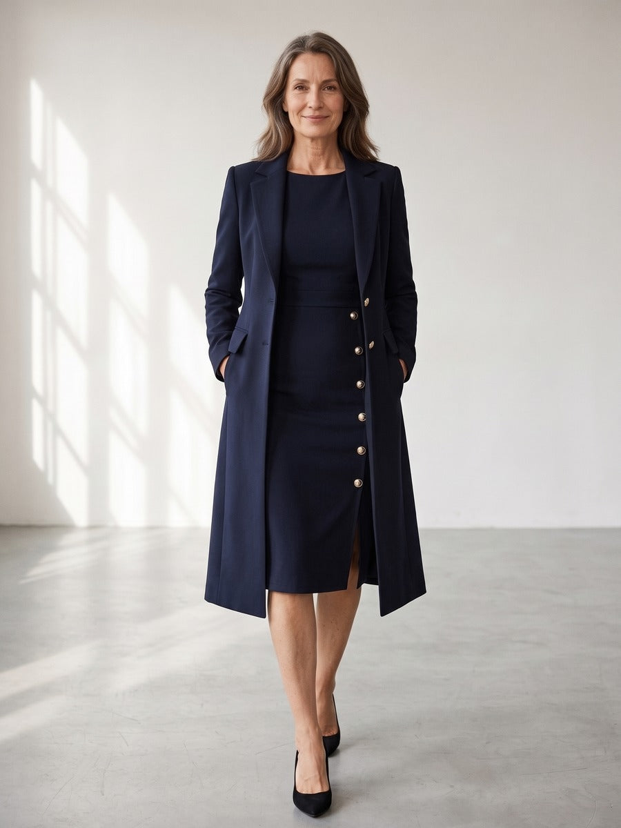 Santina | Conjunto de Blazer Largo y Vestido sin Mangas con Botones Dorados