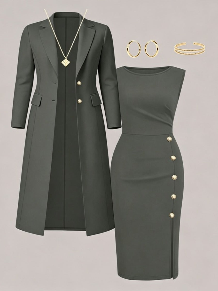 Santina | Conjunto de Blazer Largo y Vestido sin Mangas con Botones Dorados