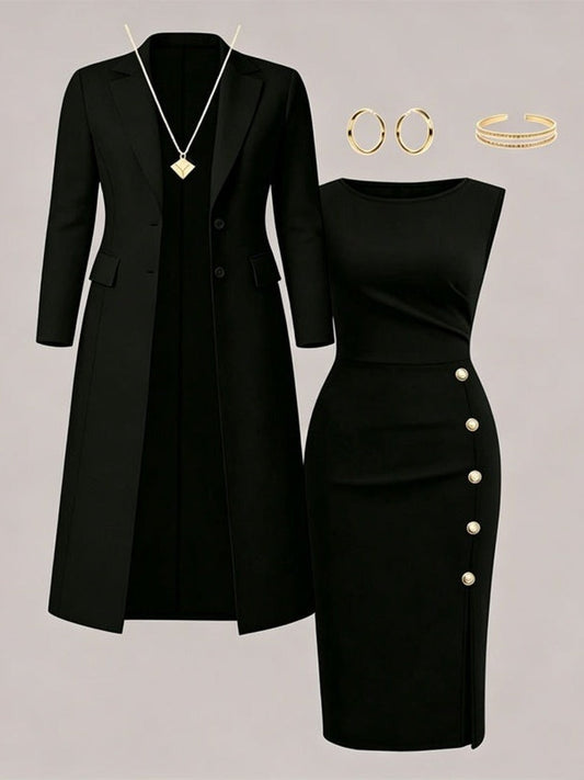 Santina | Conjunto de Blazer Largo y Vestido sin Mangas con Botones Dorados