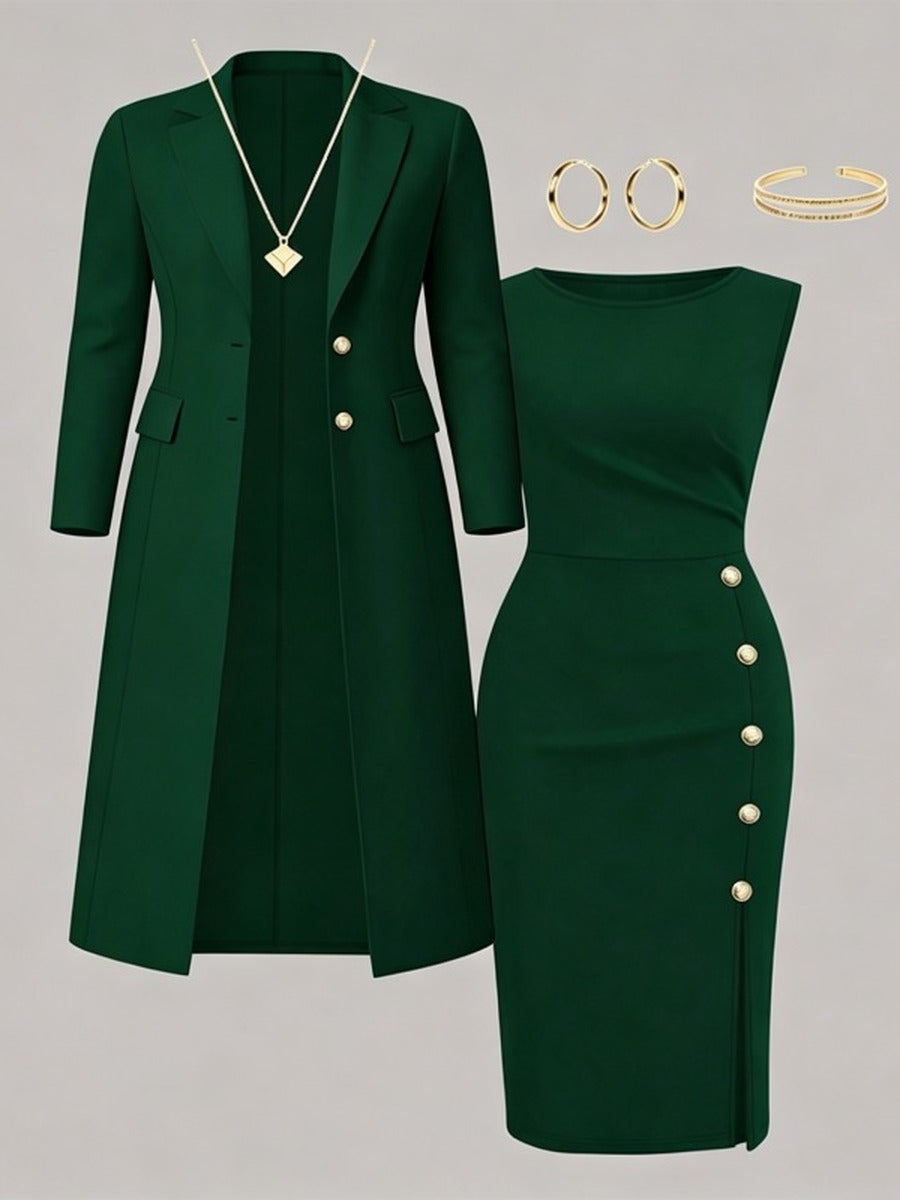 Santina | Conjunto de Blazer Largo y Vestido sin Mangas con Botones Dorados